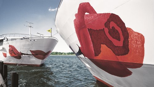 Nahaufnahme eines Flusskreuzfahrtschiffs der A-ROSA Flotte mit markanter Rose auf dem Bug im Vordergrund. Gegenüber steht ein zweites A-ROSA Schiff mit Blick auf den Bug.